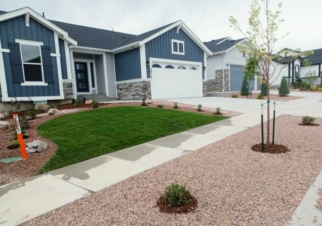 Water-wise xeriscape front yard featuring native shrubs, mulch, and drip irrigation

