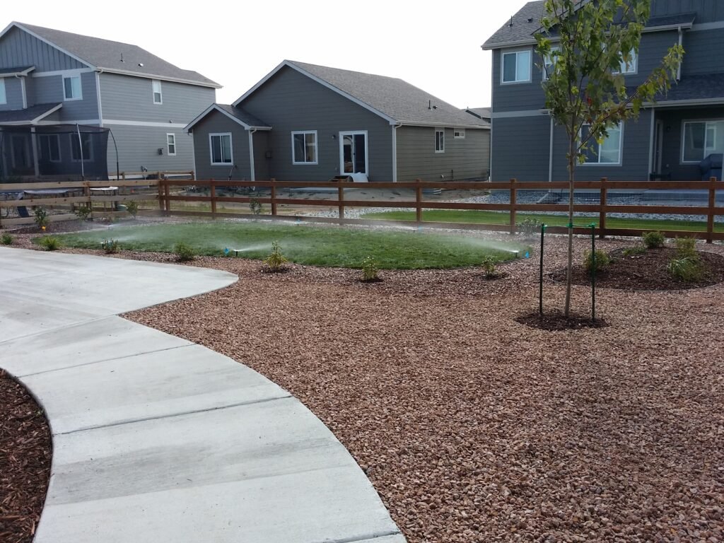 Front yard transformation from unfinished dirt to polished xeriscape with plants and rock

