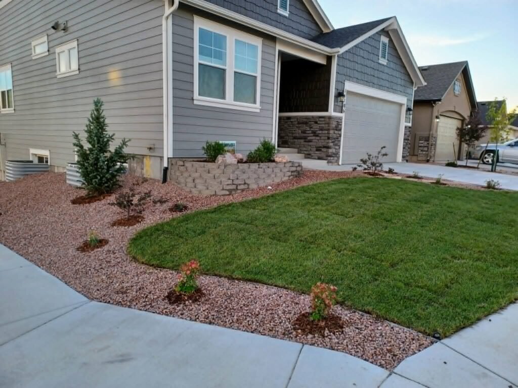Front yard transformation from unfinished dirt to polished xeriscape with plants and rock

