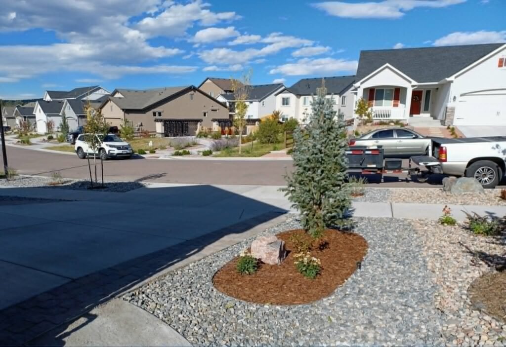 Water-wise xeriscape front yard featuring native shrubs, mulch, and drip irrigation

