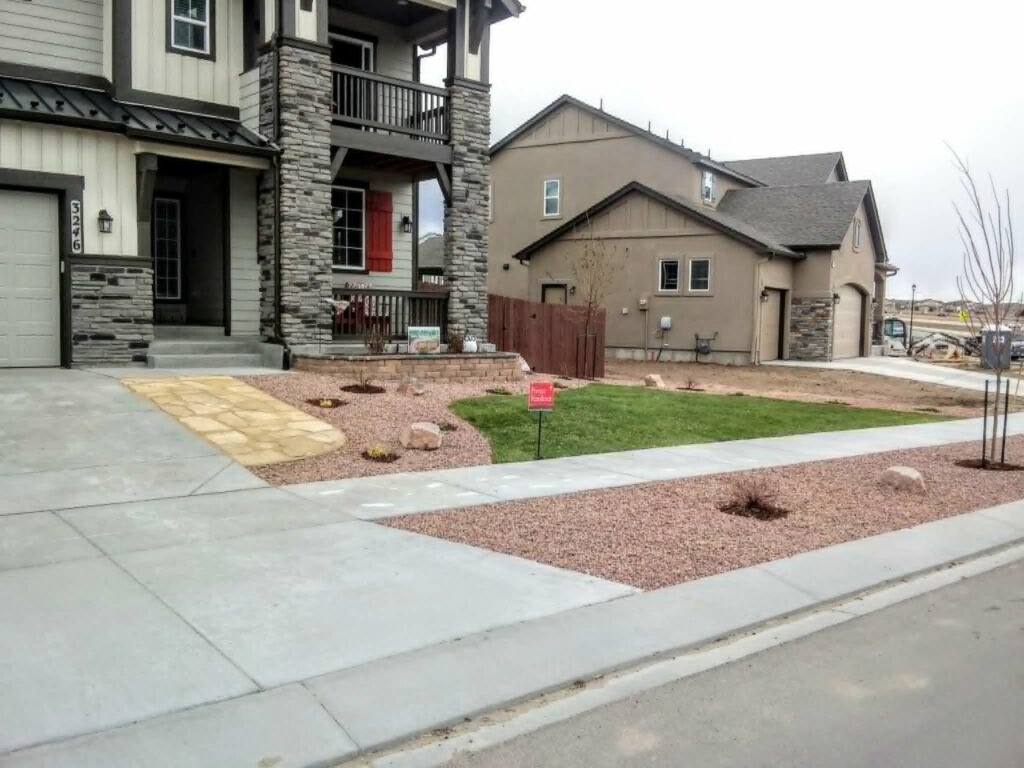 Front yard transformation from unfinished dirt to polished xeriscape with plants and rock

