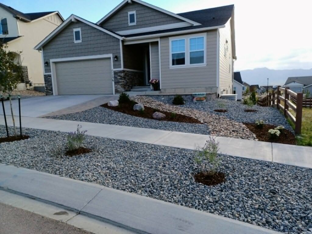 Water-wise xeriscape front yard featuring native shrubs, mulch, and drip irrigation

