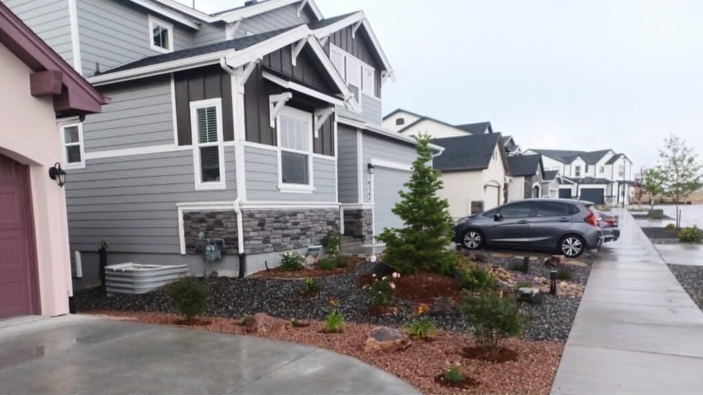 Front yard transformation from unfinished dirt to polished xeriscape with plants and rock

